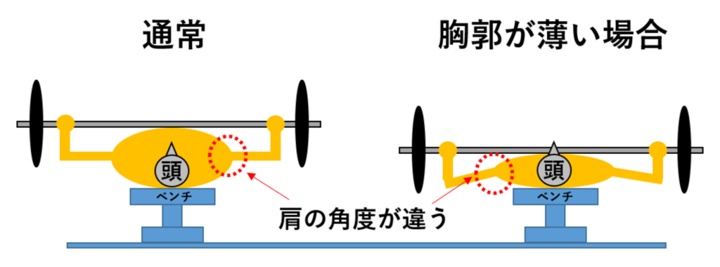 ベンチプレス胸郭の違い説明図